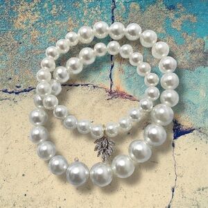 Classic Faux Pearl Lightweight Necklace with Gold Plated Blue Charm 14”